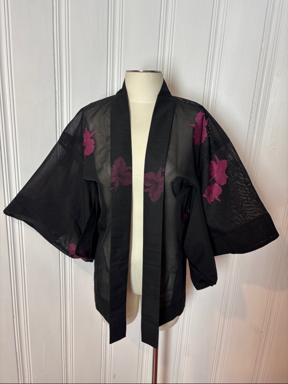 Black Sheer Floral Kimono Duster | Tulle Overlay Jacket - size M estimated